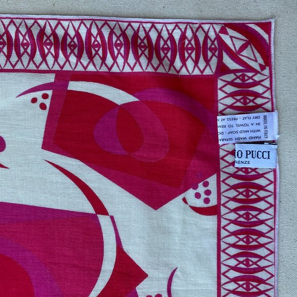 Emilio Pucci Red, White Pink Abstract Breast Cancer 17 Inch Square Cotton Scarf - Picture 5 of 8